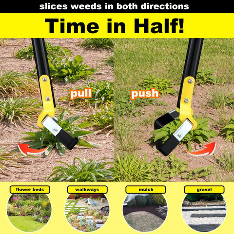 Stainless Steel Stirrup Weeder Hoe With Sharp Push Pull Blade slicing weeds on mulch and gravel paths for easy gardening