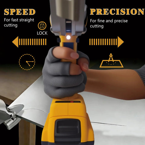 Person using 20V Max Cordless Sheet Metal Cutter Bare Tool Compatible With 20V Max And 60V Flex Batteries 14 Gauge Steel Shears