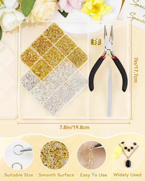 All In One Jewelry Making Kit For Real Pros With 2400 Jump Rings In Gold And Silver, Plus Lobster Clasps, Pliers, Tweezers, Opener, And Repair Tools For Earrings, Charms, And Necklaces showing organized compartments and tools