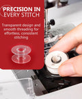 12 Pcs Premium Class 15 Sewing Machine Bobbins Plastic With Superior Thread Grip Pro Grade Precision Made In Taiwan For Smooth Consistent Stitches Wide Compatibility With Most Domestic And Industrial Sewing Machines. Clear plastic Class 15 sewing machine bobbin in use