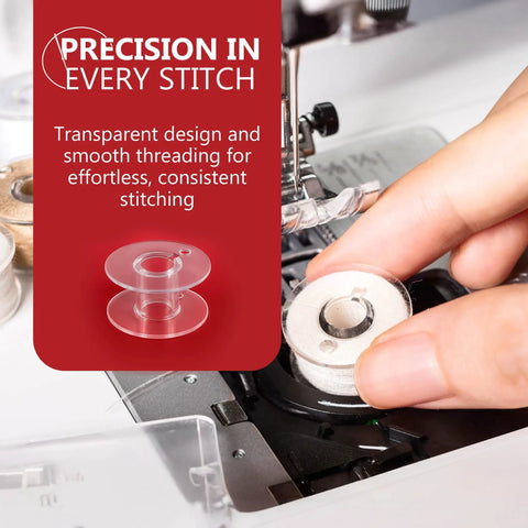 12 Pcs Premium Class 15 Sewing Machine Bobbins Plastic With Superior Thread Grip Pro Grade Precision Made In Taiwan For Smooth Consistent Stitches Wide Compatibility With Most Domestic And Industrial Sewing Machines. Clear plastic Class 15 sewing machine bobbin in use