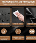 Close-up of Lux Faux Leather Piano Keyboard Dust Cover showing waterproof texture, being wiped clean, and premium faux leather finish.