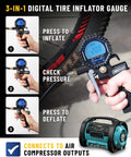 Dual Head Presta Schrader Air Chuck With Digital Tire Gauge And Inflator 3 To 200 PSI Precision One Percent 16 Inch Hose Valve Adapter