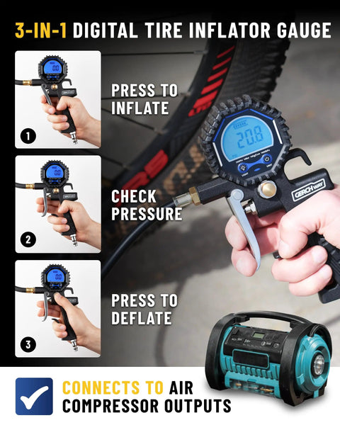 Dual Head Presta Schrader Air Chuck With Digital Tire Gauge And Inflator 3 To 200 PSI Precision One Percent 16 Inch Hose Valve Adapter