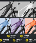 Powerful 1300W Peak Ebike With 840Wh Removable Battery showing different color frames with 26 inch tires and adjustable stem.
