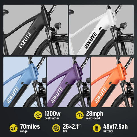 Powerful 1300W Peak Ebike With 840Wh Removable Battery showing different color frames with 26 inch tires and adjustable stem.