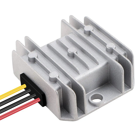 Close-up of DC to DC buck converter with wiring, part of Pair Of DC To DC Buck Converters 8 To 35V In To 3 To 24V Out Adjustable 5A Step Down Regulator