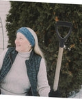 Woman holding D Shaped Ergonomic Garden Shovel Handle Replacement with Comfortable Grip for Digging and Yard Work, black plastic
