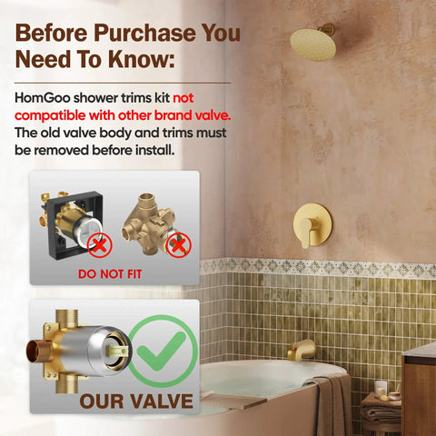 Fresh Gold Tub And Shower Faucet Fixture Set Featuring Dope Six Inch Rain Shower Head Plus Top Shelf Solid Brass Valves demonstrating valve compatibility.