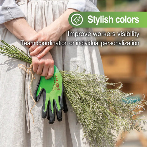 Person holding flowers and wearing green nylon work gloves with 3D comfort fit and power grip for gardening.