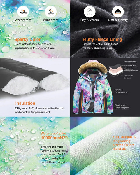 Women's Winter Ski Parka Hooded Jacket Waterproof Snow Mountain Coat With 240g Down Alternative Insulation Cozy Silky Lining features
