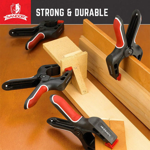 4 heavy duty nylon clamps with easy grip handles securing wooden boards, showcasing 7-Inch Spring Clamps Set Of 4 Heavy Duty Nylon Clamps.