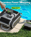 Cordless Robotic Pool Cleaner For Inground And Above Ground Pools With 180W Brushless Motor 3 Hour Runtime Wall Climbing Technology Scrubs Floors Walls And Waterlines For Pools Up To 2150 Sq Ft Hands Free Clean, showcasing battery swapping feature next to a swimming pool.