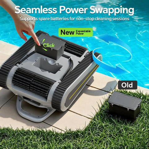 Cordless Robotic Pool Cleaner For Inground And Above Ground Pools With 180W Brushless Motor 3 Hour Runtime Wall Climbing Technology Scrubs Floors Walls And Waterlines For Pools Up To 2150 Sq Ft Hands Free Clean, showcasing battery swapping feature next to a swimming pool.