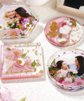 Coaster Making Kit With Epoxy Resin 16oz Molds Mica Powder Gold Flakes Mixing Cups Gloves And More The Ultimate DIY Resin Kit For Adults Beginners And Craft Lovers Gift Set showcasing finished personalized photo coasters with floral designs.