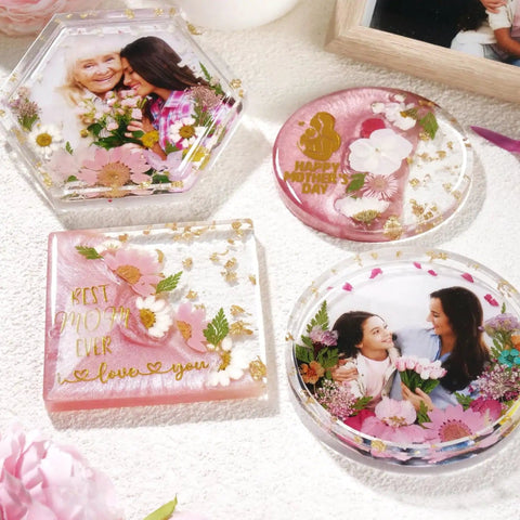 Coaster Making Kit With Epoxy Resin 16oz Molds Mica Powder Gold Flakes Mixing Cups Gloves And More The Ultimate DIY Resin Kit For Adults Beginners And Craft Lovers Gift Set showcasing finished personalized photo coasters with floral designs.