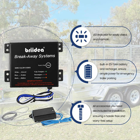 Built Tough Rock Solid Breakaway Brake Kit For RV And Travel Trailer Towing Includes 12V 5Ah Battery Charger Waterproof Housing LED warning light and setup details.