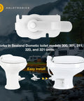 Rv Toilet Water Valve Replacement For Dometic Sealand Pedal Flush Models 300 301 310 311 320 321 Stops Leaks And Weak Flush Diy Install No Plumber Needed Oem 385311641, white plastic valve and RV toilet views
