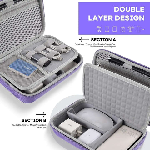 Kickass Travel Tech Organizer Case For Cables Chargers Power Bank And Storage Drives Waterproof Shockproof Hard Shell Laptop Accessory Bag, double layer design, purple, holds chargers and cables