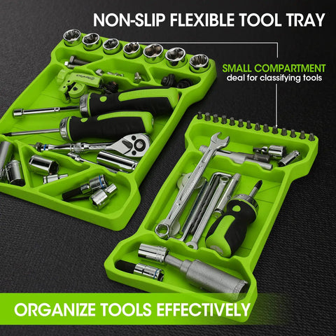 Flexible Tool Tray Set Three Piece Silicone Tool Holder For Mechanics Heat And Chemical Resistant Organizer shown with tools