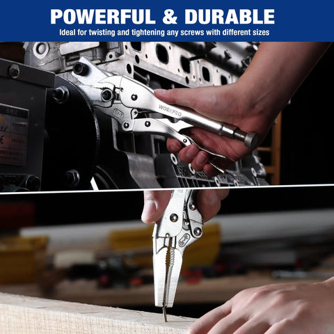 5 Piece Locking Pliers Set With Chrome-Vanadium Steel, Curved Jaw Vice Grips And Long Nose Pliers in use on machinery and wood.
