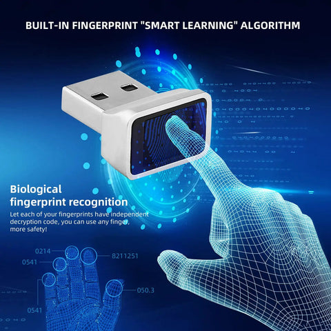 Portable Biometric Fingerprint Scanner USB Key for Quick Password Free Sign In on Windows 10 32 64 Bit with holographic display.