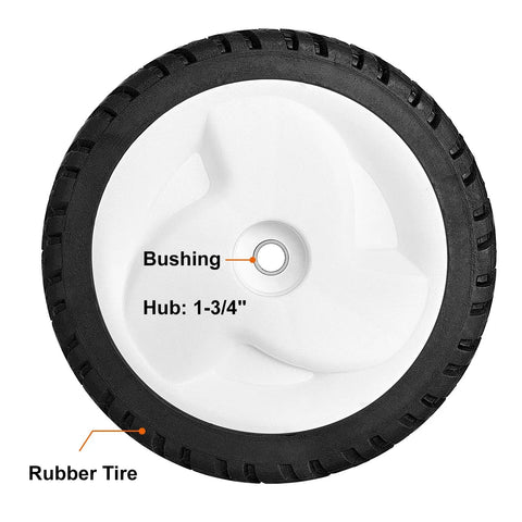 8 Inch Front Drive Wheel Set for Toro 22 Inch Recycler Self Propelled Mowers Fits 20001 Through 20111 and GTS, rubber tire and bushing.