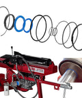 Seal Kit For Log Splitter Cylinders 5 Inch Bore 2 Inch Rod Rebuild Set Pack Of 11 with log splitter and cylinder close-up.