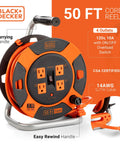 Heavy Duty 50 Ft Retractable Extension Cord Reel With 4 Outlets, Easy Rewind Handle, 14 AWG SJTW Cable, Power Switch visible.