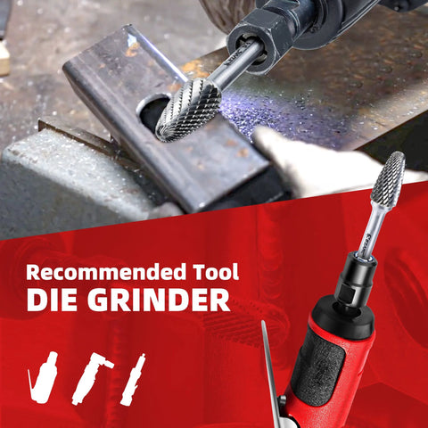 EZARC tungsten carbide rotary burr SF-5 double-cut, 1/4 in shank, in a die grinder with vise and red storage case