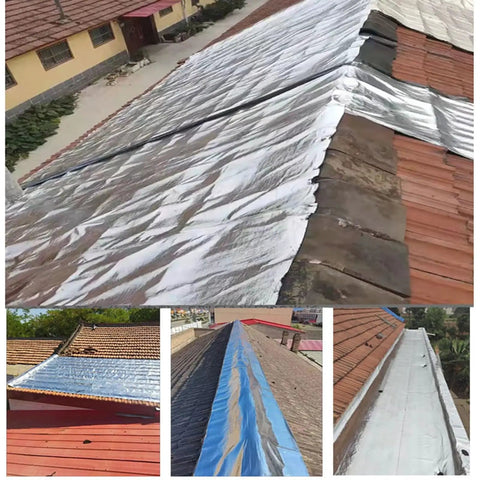 Heavy Duty Aluminum Foil Tape Self Adhesive Roofing Flashing Sealant Waterproof Underlayment Roll applied on sloped roofs.