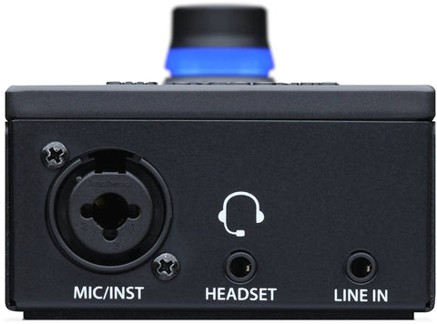 Back view of Ultra Compact USB C Audio Interface for Music Production and Streaming with Built In Mixer showing inputs for mics and headsets.