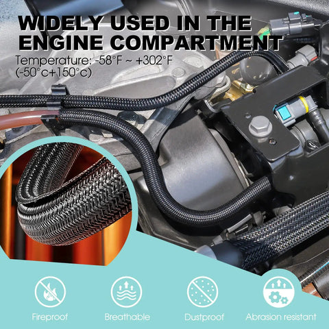 2 Pack 5 Foot Cable Sleeve For Desk Cord Management And Wire Hider Tubing in engine compartment, fireproof and abrasion resistant.