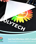 Close-up of DTF Transfer Film Kit For DIY T Shirt Transfers being peeled off a black shirt, showing vibrant color design.