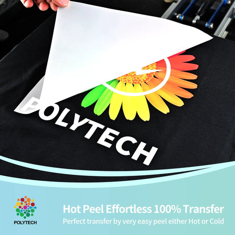 Close-up of DTF Transfer Film Kit For DIY T Shirt Transfers being peeled off a black shirt, showing vibrant color design.