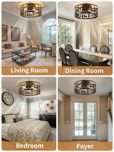 Straight Up Farmhouse Ceiling Fan With Integrated Lights And Remote Control Rustic Black Caged Fandelier Featuring Heckin Cool Bear And Deer Design in living room and dining room
