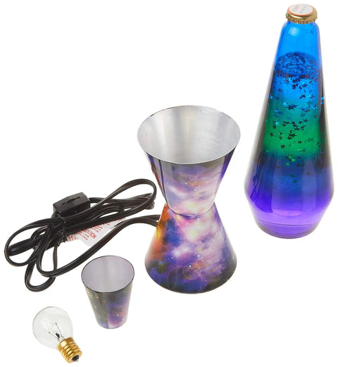 Colormax 14.5 Inch Galaxy Motion Lamp with Silver Glitter Liquid and Clear Fluid Tri Color Globe Galaxy Base, disassembled view.