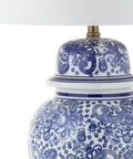 Blue White Ceramic Ginger Jar Table Lamp With White Linen Drum Shade 29.5 Inch Tall Showpiece Classic Chinoiserie Style Closeup