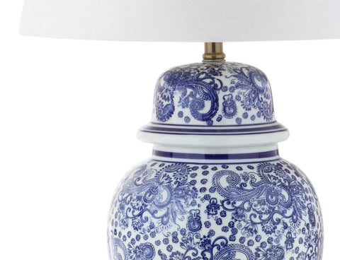 Blue White Ceramic Ginger Jar Table Lamp With White Linen Drum Shade 29.5 Inch Tall Showpiece Classic Chinoiserie Style Closeup