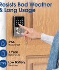 Touchscreen Smart Lock With No Key Needed Entry shown in use, highlighting waterproof feature on wooden door.