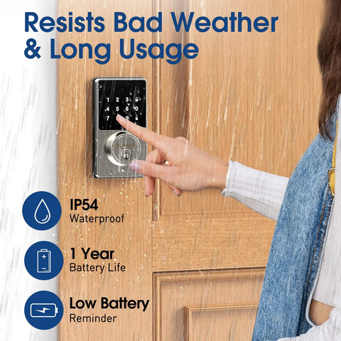 Touchscreen Smart Lock With No Key Needed Entry shown in use, highlighting waterproof feature on wooden door.