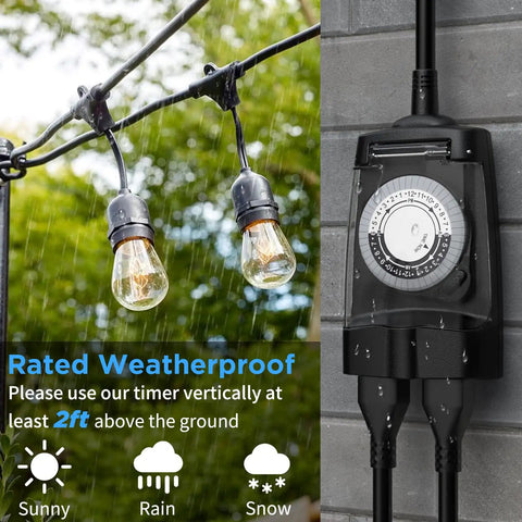 Heavy Duty Waterproof Outdoor Light Timer 24 Hour Dual Socket Plug With 48 Settings For Christmas Lights Pool Pumps And Garden Irrigation Rock Solid 2 Pack with lights and timer in rain