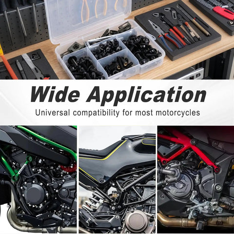 177Pcs Motorcycle Fairing Bolt Kit With M5 M6 Stainless Screws And Washers shown with tools and motorcycles