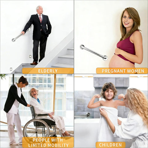 Heavy Duty 24 Inch Brushed Nickel Grab Bars For Bathroom Safety, Solid One Piece Construction With Rust Resistant Finish And Effortless Install, Hella Sturdy Wall Mounted Hand Support, 2 Pack used by elderly, pregnant women, children, and people with limited mobility.