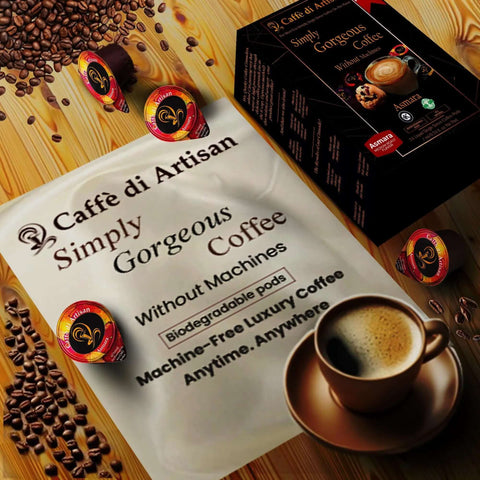 Liquid Coffee Pods For Cold Brew, Iced Coffee And Hot Coffee, box and cup with coffee beans, eco-friendly, ready in seconds.