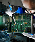 Person using 9 In 1 Soldering Kit With 60W Adjustable Temp Soldering Iron On Off Switch Quick Heat Up on circuit board