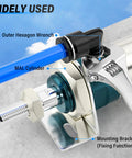 Beefy Heavy Duty Pneumatic Male Elbow Push To Connect Fittings showing installation with blue tube and mounting bracket.