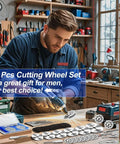 44-piece Auxiren cutting wheel kit for Dremel rotary tools; assorted metal, resin, and diamond discs on workbench