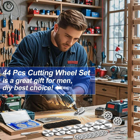 44-piece Auxiren cutting wheel kit for Dremel rotary tools; assorted metal, resin, and diamond discs on workbench