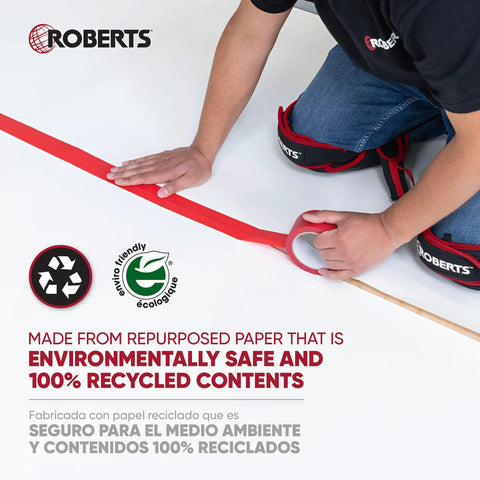 Person applying red tape with recycled content label, promoting environmentally safe and 100% recycled materials.